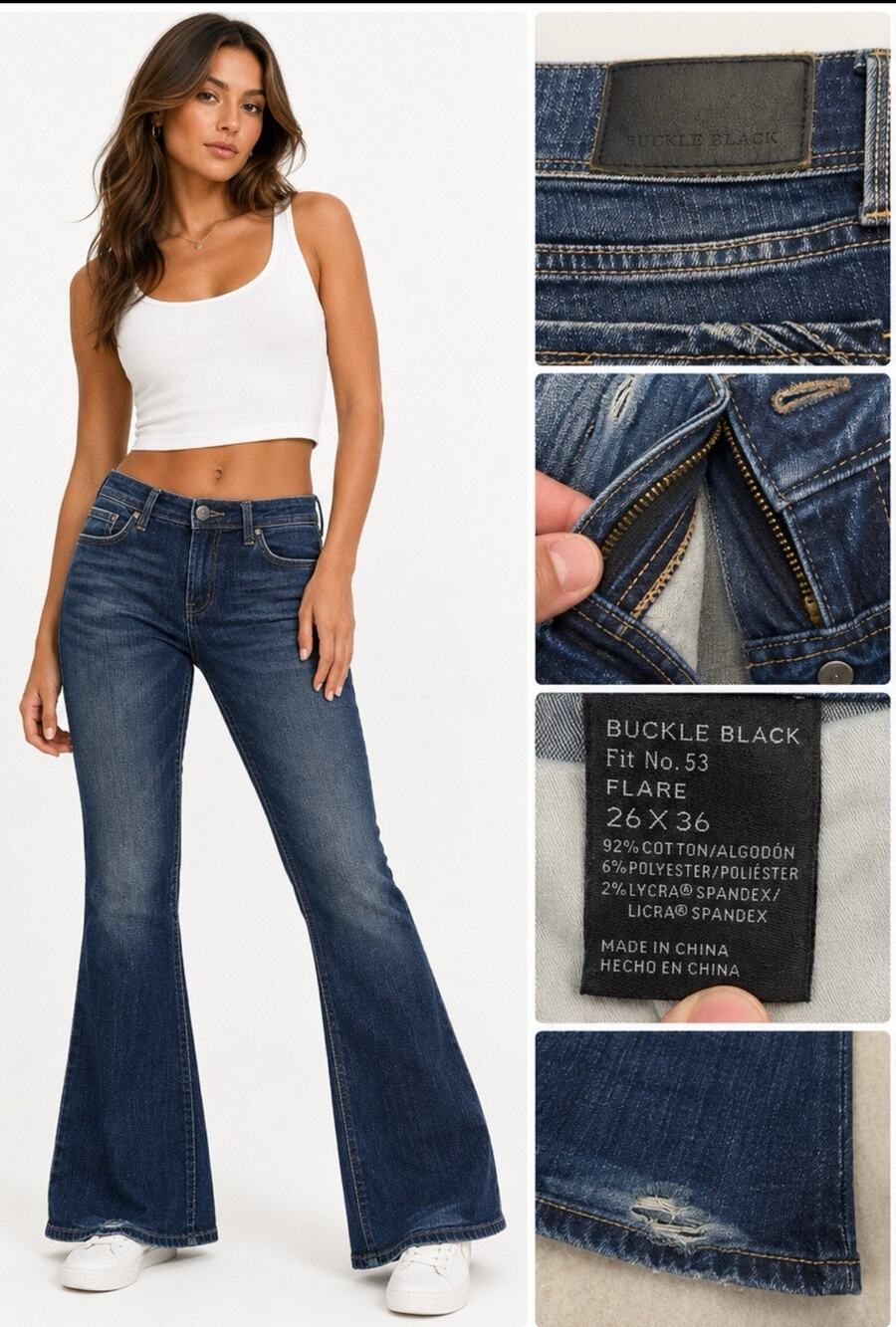 Y2K Indie Sleaze Buckle Black Flare Jeans Size 26 Dark Wash Indigo Denim Stretch